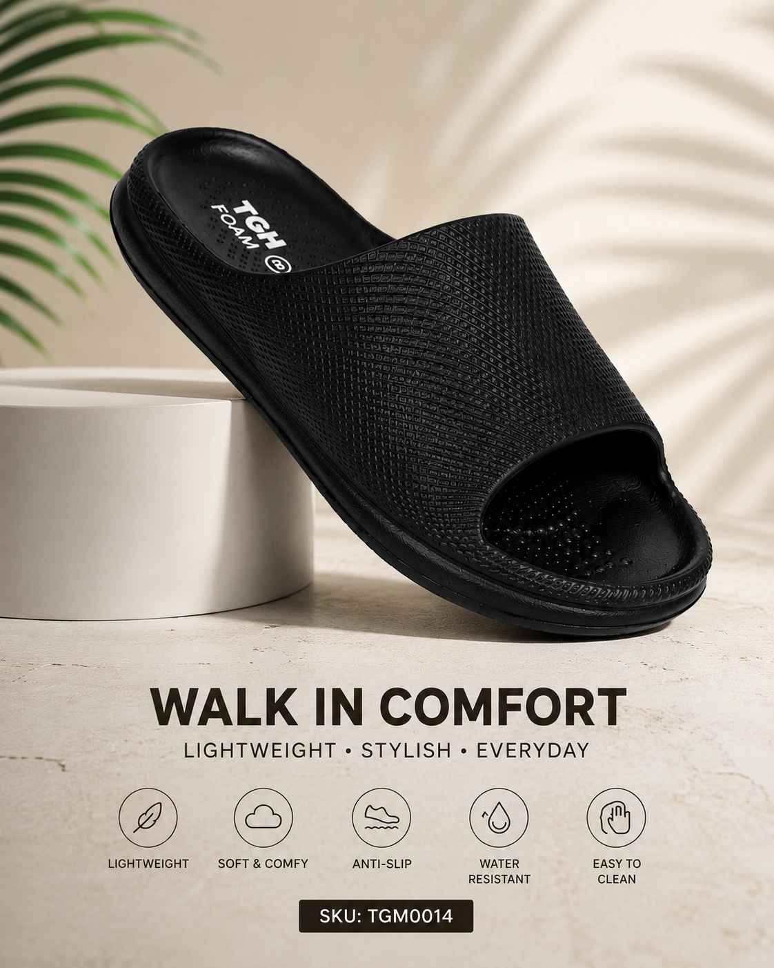 TGH FOAM TGM0014 Men’s Ultra Comfort Black Slides | Lightweight Daily Wear Slippers