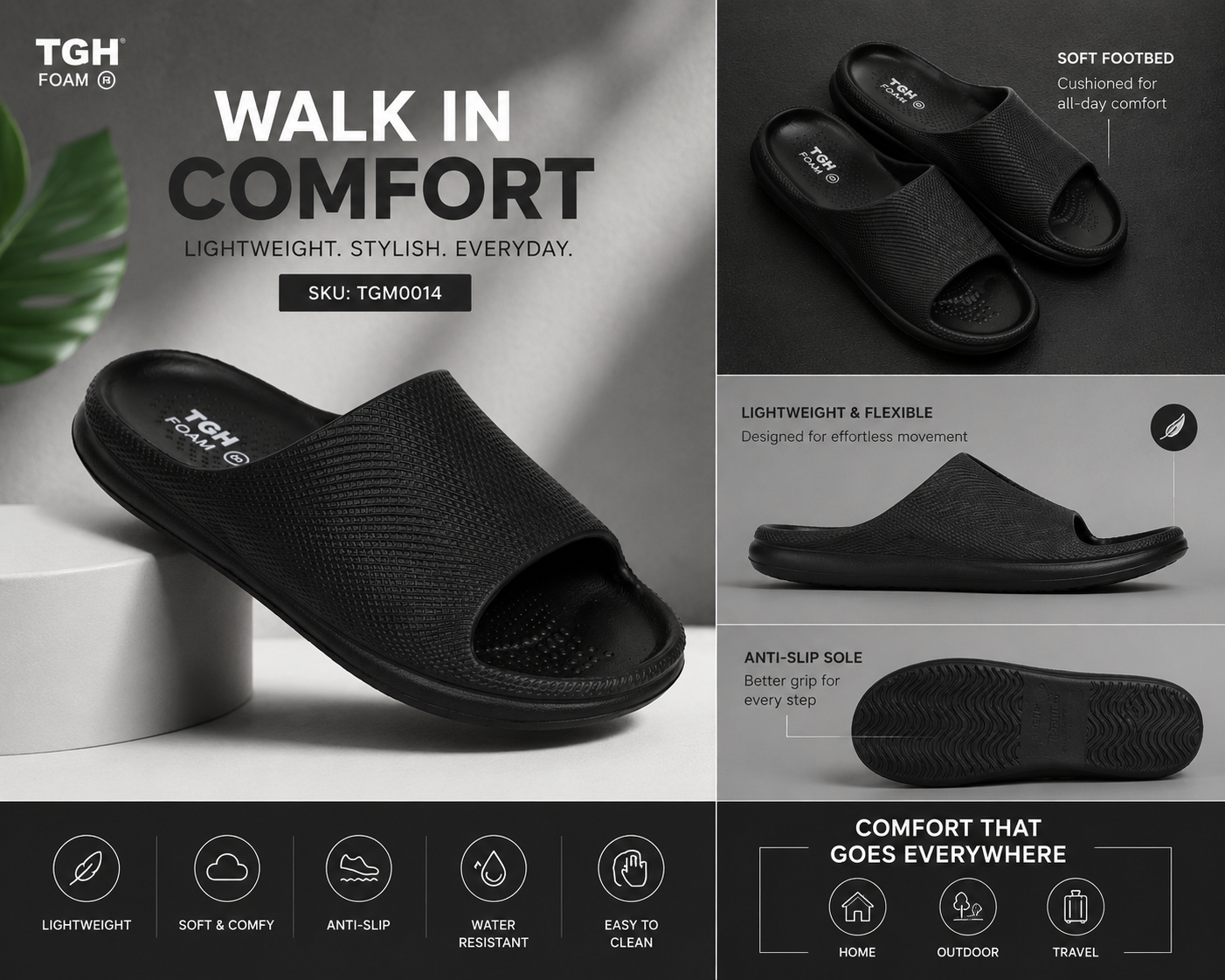 TGH FOAM TGM0014 Men’s Ultra Comfort Black Slides | Lightweight Daily Wear Slippers