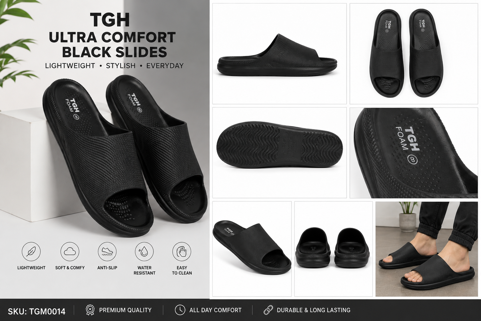 TGH FOAM TGM0014 Men’s Ultra Comfort Black Slides | Lightweight Daily Wear Slippers